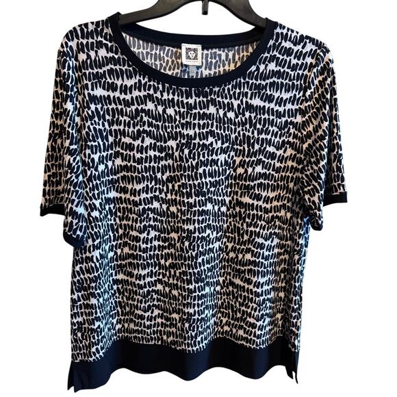 Anne Klein Tops - Anne Klein Black White Abstract Short Sleeve Shirt Top Belted Waist Sz L